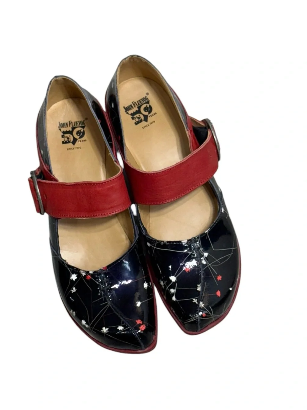 John Fluevog Mellow Sonata Platform Mary Jane Black Red Floral Print 10/10.5